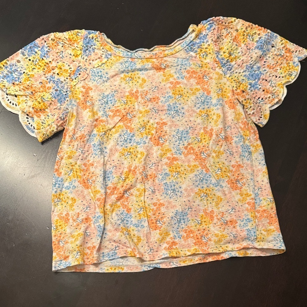 LOFT Floral Blouse with Lace Sleeves - Blue, Yellow, Orange